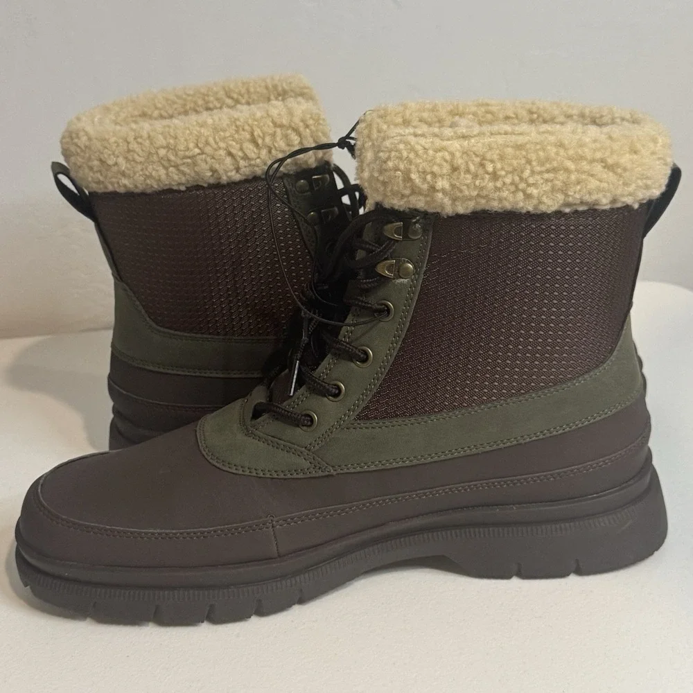 Khombu Mens Tall Winter Thermo Lite Fuzzy Lining Brown Green Boots Size 12M NEW